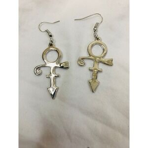 Prince Symbol Earrings Dangle Drop Silvertone Music Artist Love *FLAW* 1.5in New
